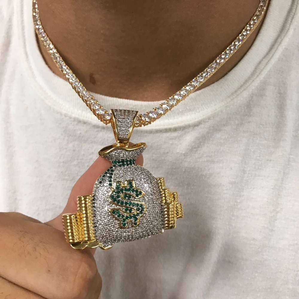 Iced out Money bag pendant with 4mm tennis chain
